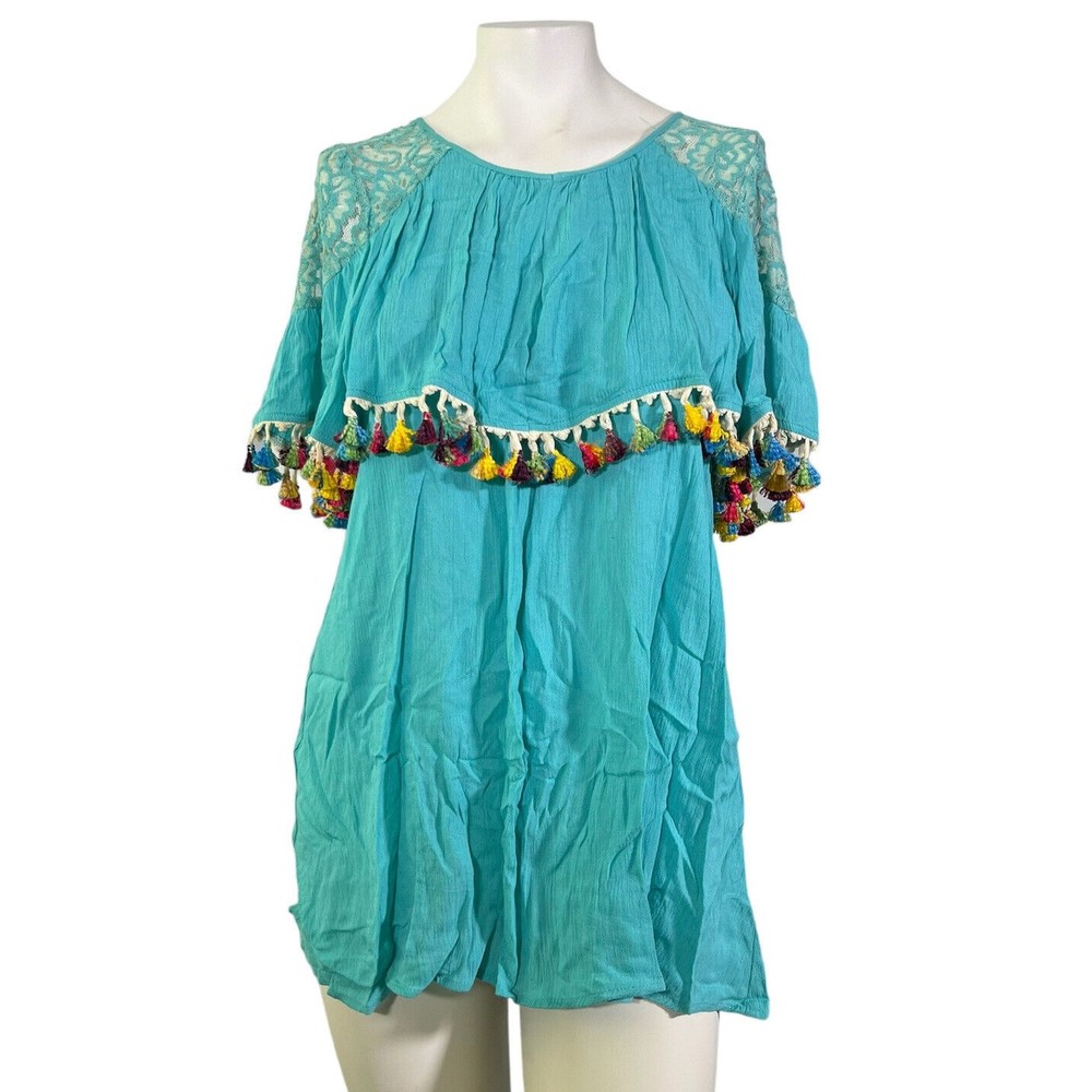 Jodifl Women's Blue Boho Style Tiered Ruffle Sleeves Embroidery Blouse Small